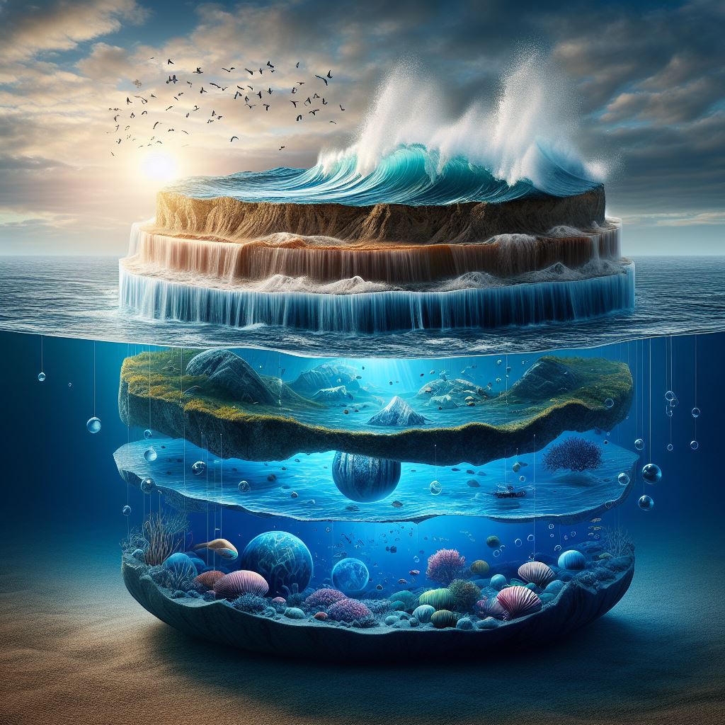 Layering of water in the ocean according to its various properties